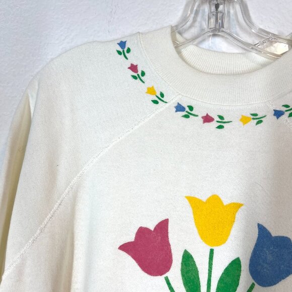 Vintage Pannill 70s Tulip Floral Sweatshirt Top Crewneck XL White Tulips - Picture 3 of 8